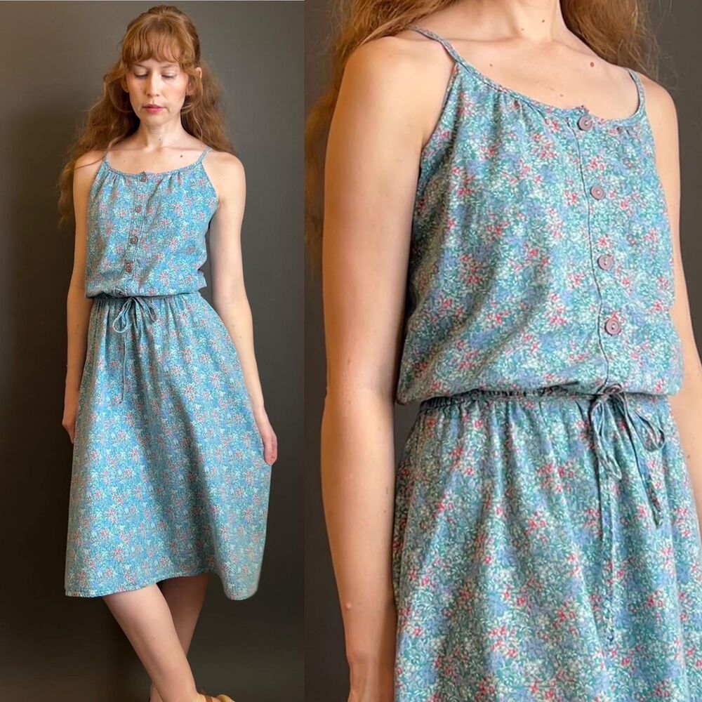 Vintage 1970s Floral Print Cotton Day Dress, medium large